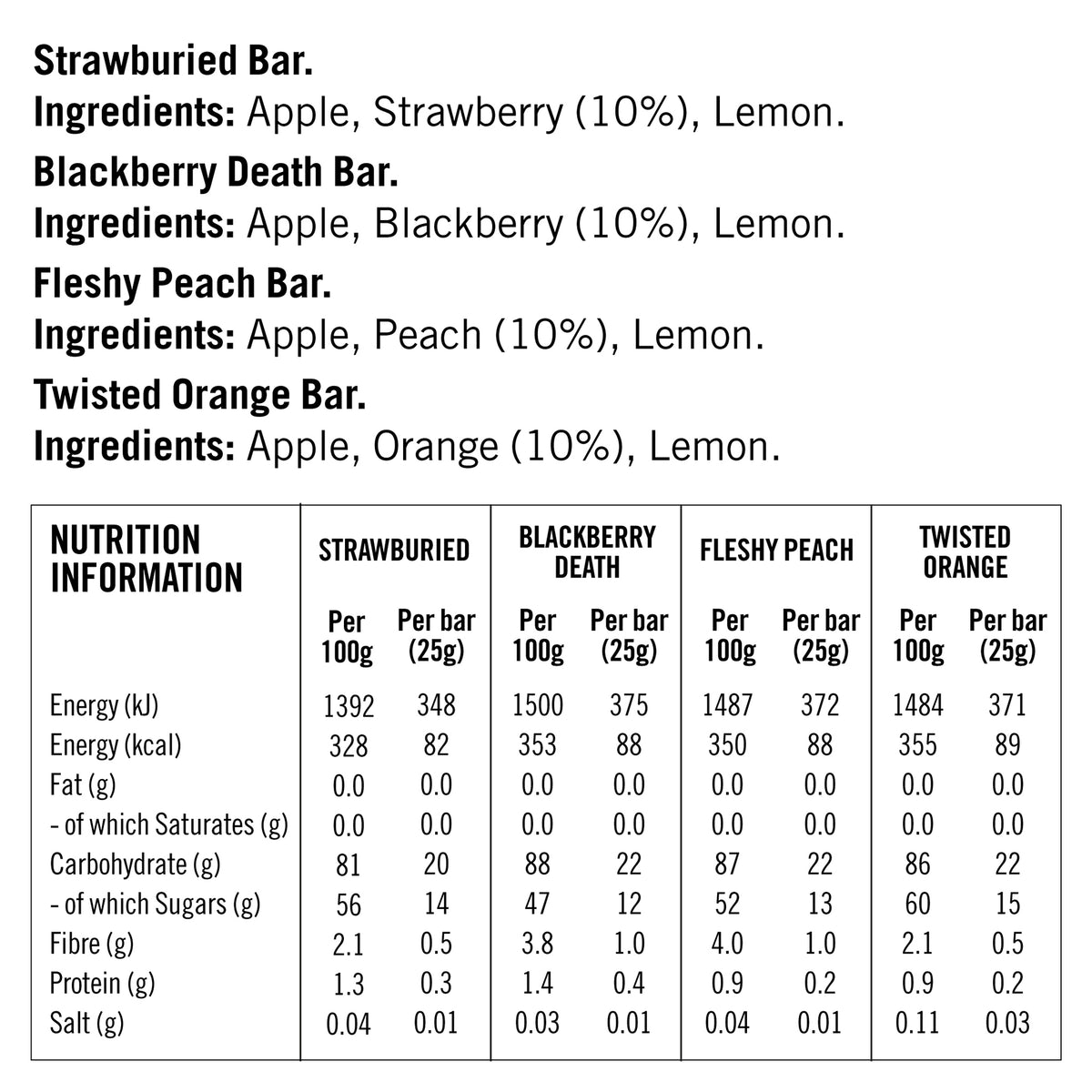 Zombie Fruit Bars Fruity ingredients and nutritional information