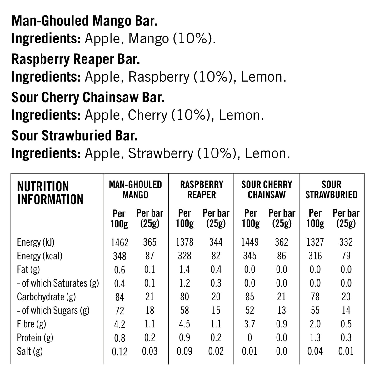 Zombie Fruit Bars Fruity & Sour ingredients and nutritional information