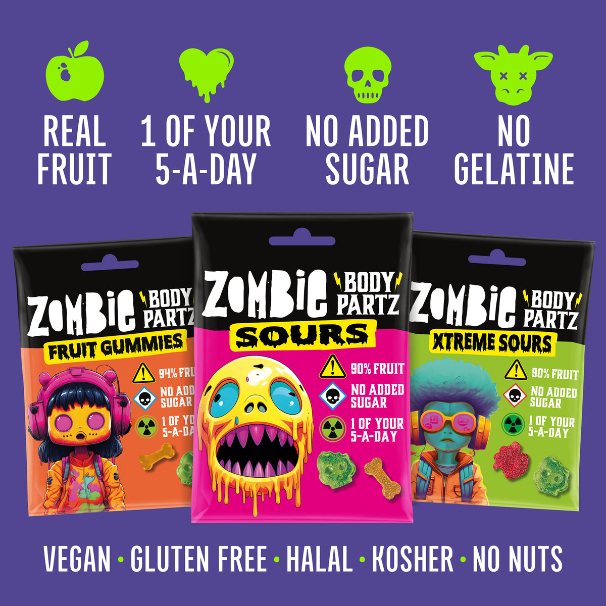 Zombie Body Partz Fruit Gummies, Sours and Xtreme Sours bags: real fruit, 1 of your 5-a-day, no added sugar, no gelatine