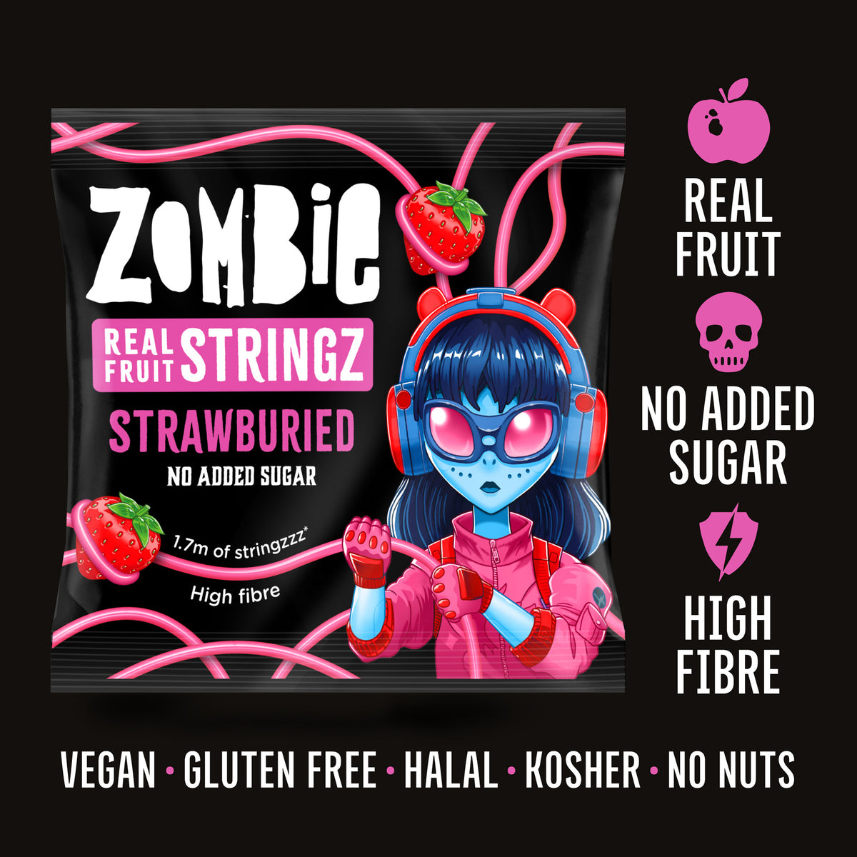 Zombie Strawburied Stringz bag: real fruit, no added sugar, high fibre