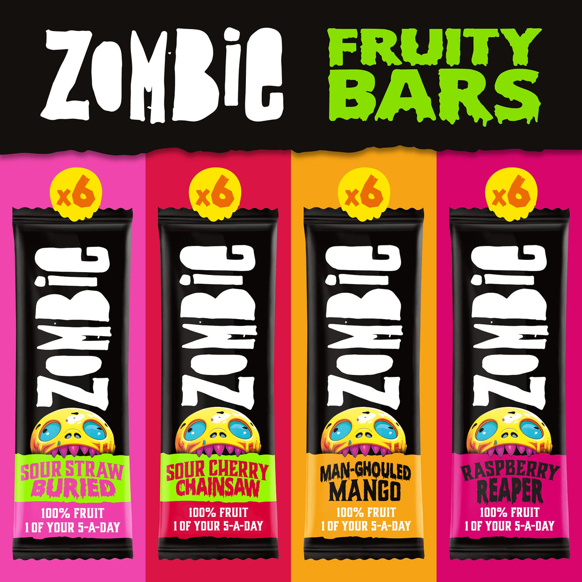 Zombie Fruit Bars Fruity & Sour box contains 6 of each flavour