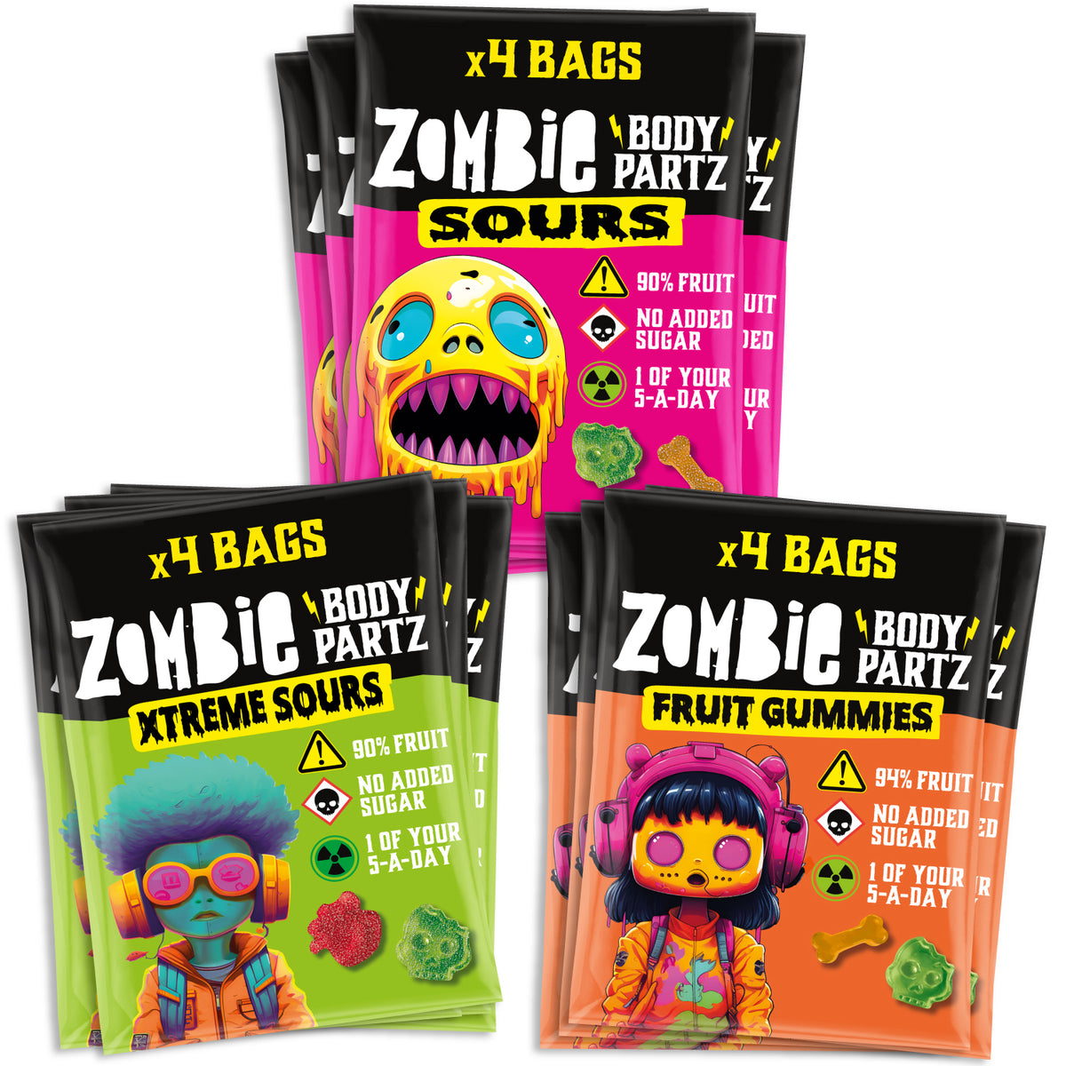 Zombie Variety Gummies: Fruit, Sour and Xtreme Sour bags