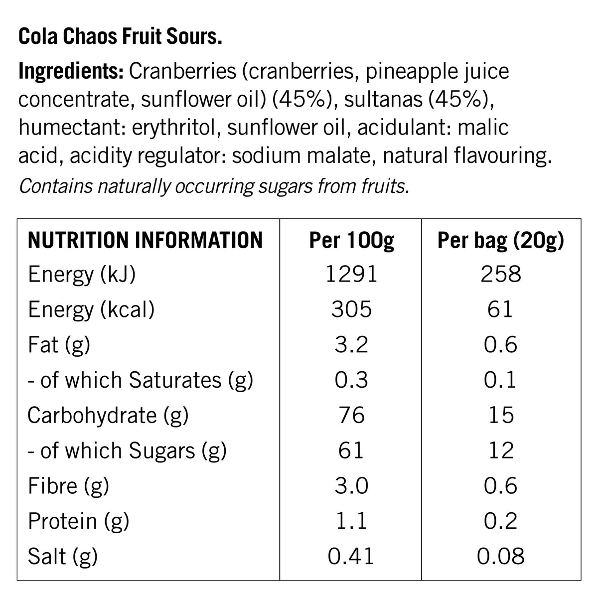 Zombie Cola Chaos Fruit Sours ingredients and nutritional information
