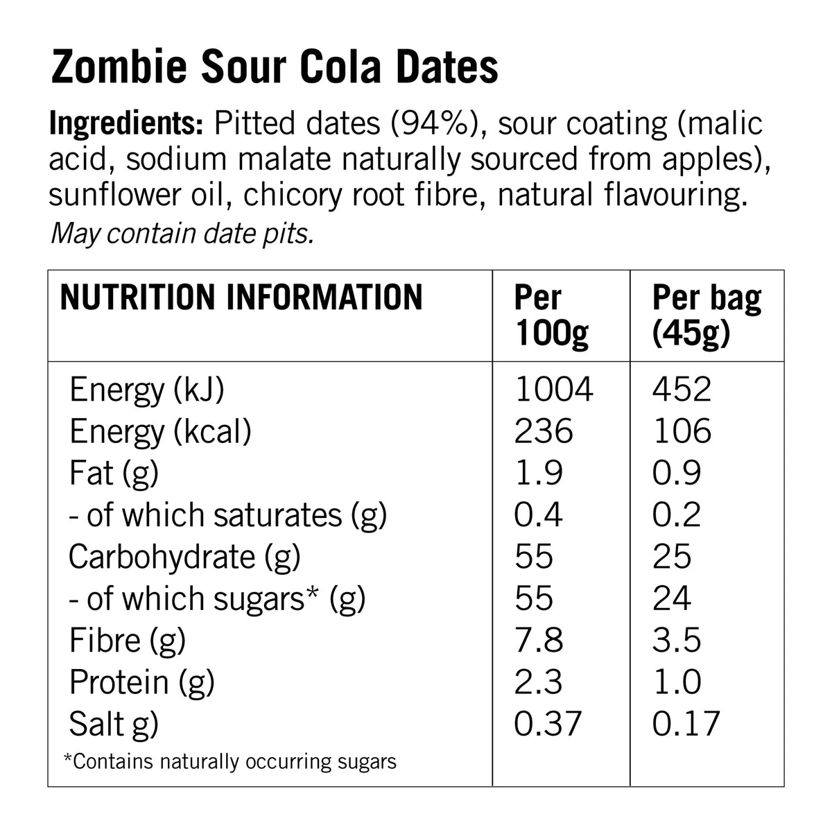 Zombie Sour Cola Dates ingredients and nutritional information