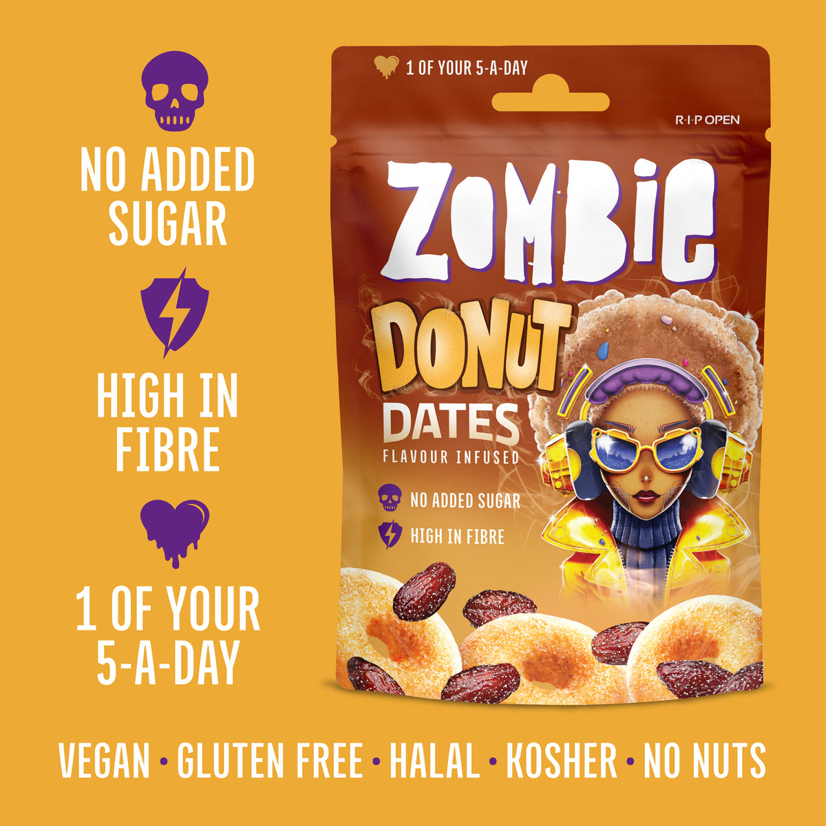Zombie Donut Dates pouch with no added sugar, high in fibre and 1 of your 5-a-day