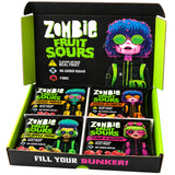 Zombie Fruit Sours box with Mango Mania, Orange Outbreak, Pineapple Panic and Strawb-a-geddon bags