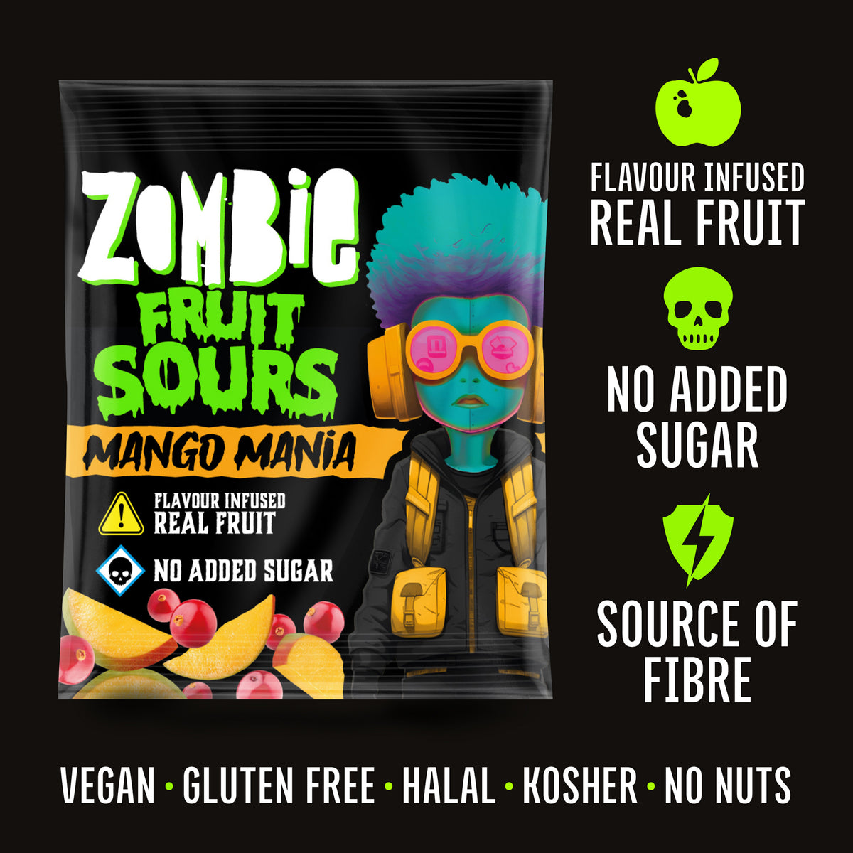 Zombie Fruit Sours Mango Mania bag: flavour infused real fruit, no added sugar, source of fibre