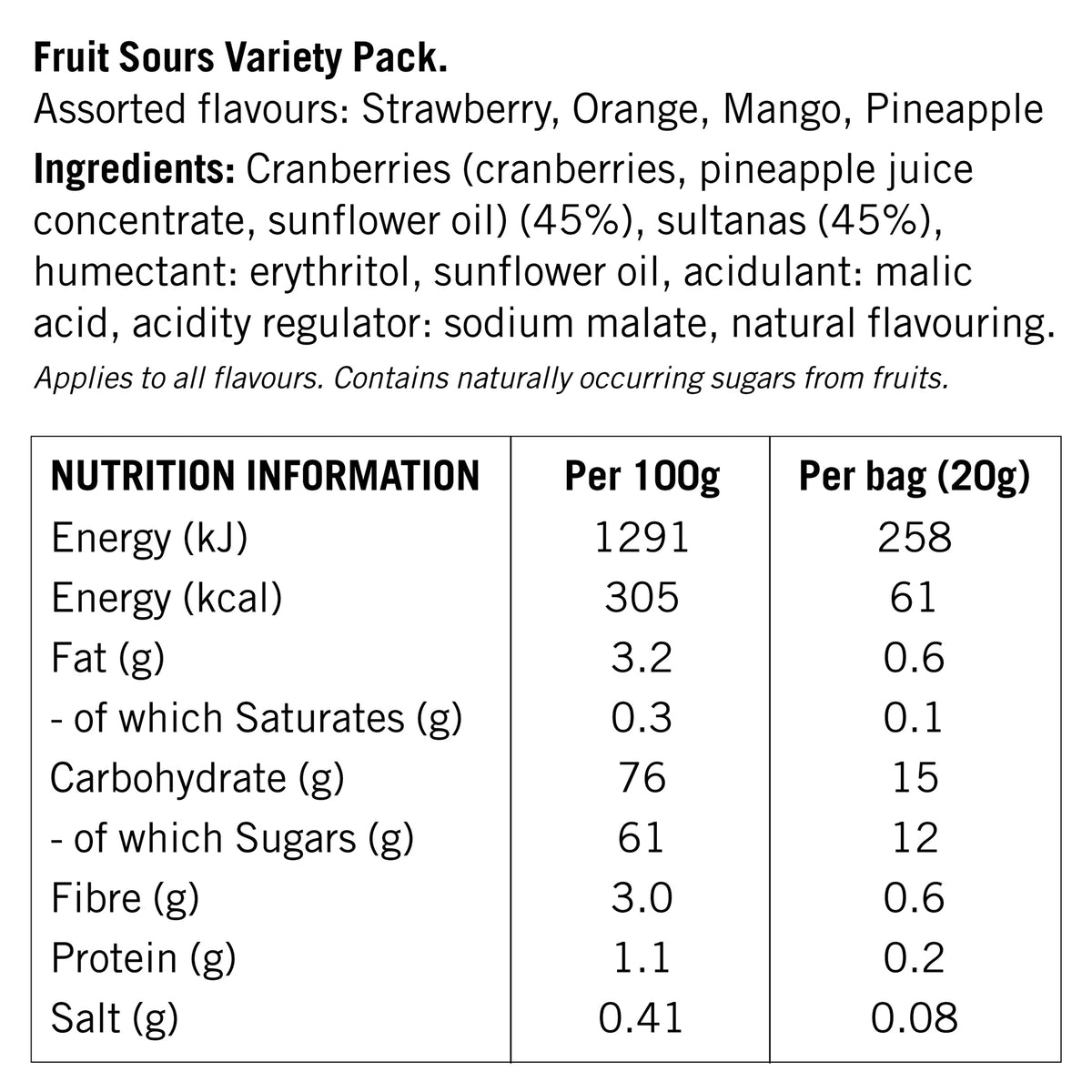 Zombie Fruit Sours ingredients and nutritional information