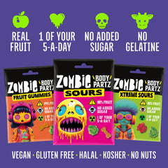 Zombie Body Partz Fruit Gummies, Sours and Xtreme Sours bags: real fruit, 1 of your 5-a-day, no added sugar, no gelatine