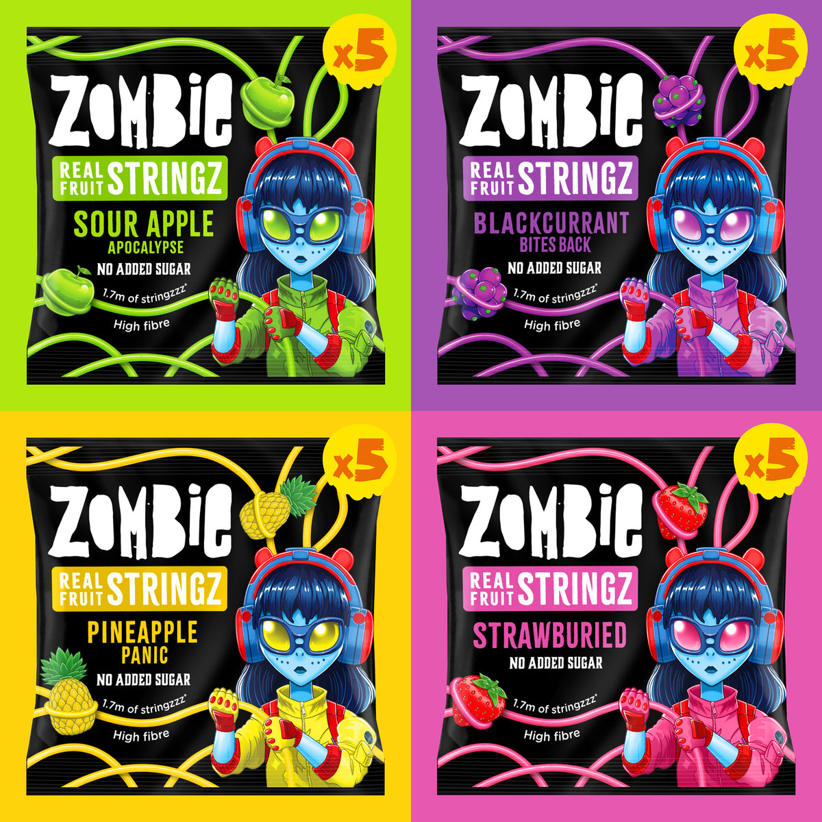 Zombie Stringz: 5 each of Sour Apple Apocalypse, Blackcurrant Bites Back, Pineapple Panic and Strawburied