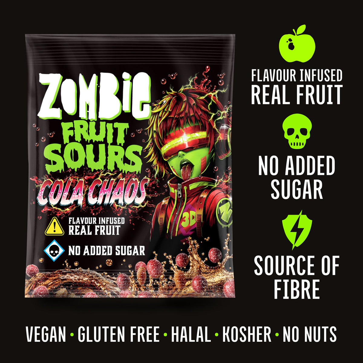 Zombie Cola Chaos Fruit Sours bag: flavour infused real fruit, no added sugar, source of fibre