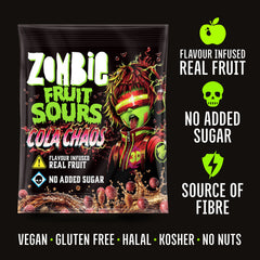 Zombie Cola Chaos Fruit Sours bag: flavour infused real fruit, no added sugar, source of fibre