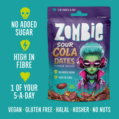 Zombie Sour Cola Dates pouch with no added sugar, high in fibre and 1 of your 5-a-day