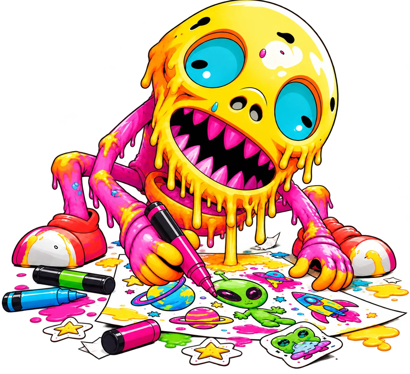 The Zombie monster drawing an Aliens and Space sticker sheet with pink marker pens